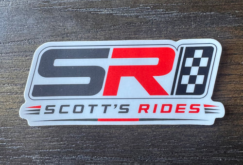 Scott's Rides logo sticker - dark gray and red SR checkered flag design