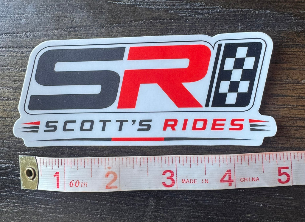 Scott's Rides logo sticker size reference - approximately 5 inches wide by 2 inches tall