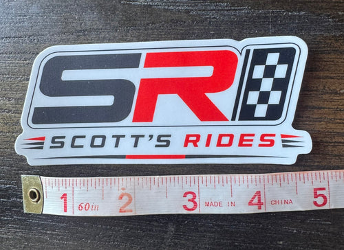 Scott's Rides logo sticker size reference - approximately 5 inches wide by 2 inches tall